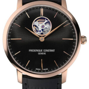 Frederique Constant Slimline Heart Beat Automatic Rose Gold Tone Steel Black Dial Black Leather Strap Mens Watch FC-312B4S4