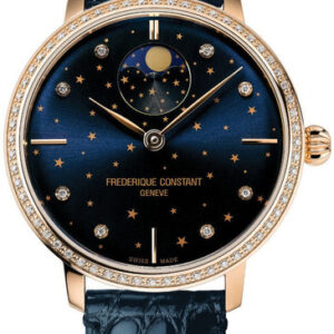 Frederique Constant Slimline Moonphase Stars Manufacture Automatic Rose Gold-Plated Blue Leather Strap Blue Dial Diamonds Womens Watch FC-701NSD3SD4