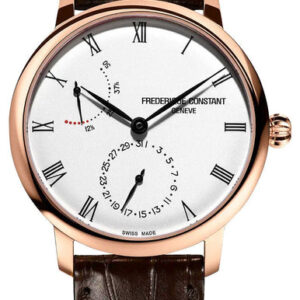 Frederique Constant Slimline Power Reserve Automatic Rose Gold Plated Silver Dial Brown Leather Strap Date Mens Watch FC-723WR3S4