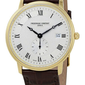 Frederique Constant Slimline Silver Dial Gold Tone Steel Brown Leather Strap Quartz Mens Watch FC-245M5S5