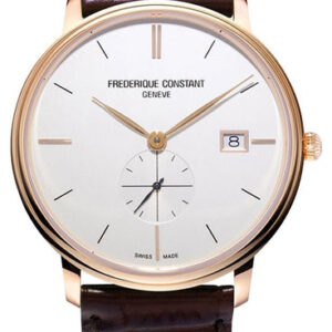 Frederique Constant Slimline Small Seconds Rose Gold PVD Silver Dial Brown Leather Strap Date Quartz Mens Watch FC-245V5S4