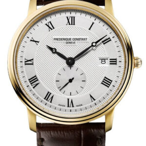 Frederique Constant Slimline Small Seconds Yellow Gold Plated Steel Silver Dial Brown Leather Strap Date Quartz Mens Watch FC-245M4S5
