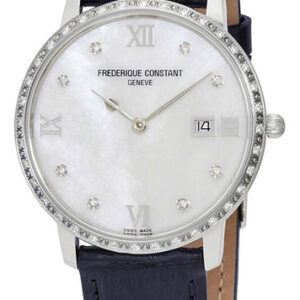Frederique Constant Slimline Stainless Steel Mother-of-Pearl Dial Blue Leather Strap Diamonds Date Quartz Womens Watch FC-220MPWD3SD6