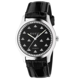 Gucci G-Timeless with Bee Motif Black Onyx Stone Dial Black Leather Strap Watch | 42mm | YA126380