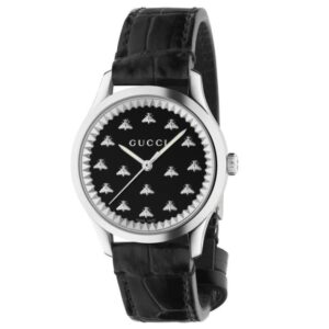 Gucci G-Timeless with Bee Motif Black Onyx Stone Dial Black Leather Strap Watch | 32mm | YA1265055