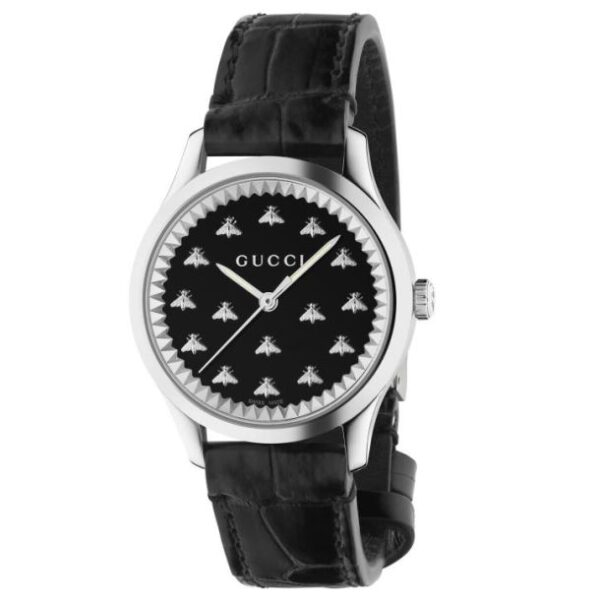 Gucci G-Timeless with Bee Motif Black Onyx Stone Dial Black Leather Strap Watch | 32mm | YA1265055
