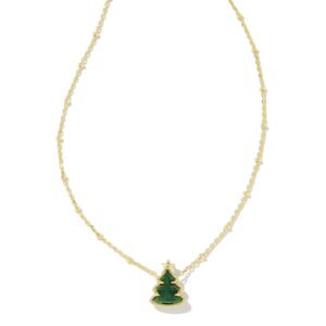 Holiday Tree Gold Short Pendant Necklace in Green Quartzite