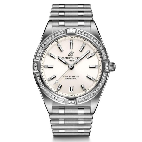 Ladies' Breitling Chronomat 32 Diamond Bezel White and Diamond Dial Stainless Steel Watch A77310591A1A1