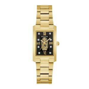 Ladies' Bulova Classic Diamond Accent Our Lady of Guadalupe Gold-Tone Watch with Rectangular Black Dial (Model: 97P169)