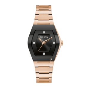 Ladies' Bulova Modern Gemini Diamond Accent Rose-Tone Watch with Tonneau Black Dial (Model: 97P158)
