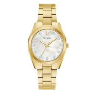 Ladies' Bulova Surveyor Mother-of-Pearl and Diamond Accent Dial Watch in Gold-Tone Stainless Steel (Model 97P172)