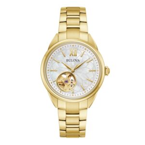 Ladies' Bulova Sutton Gold-Tone Watch with Mother-of-Pearl Dial and Skeleton Heart (Model: 97L172)