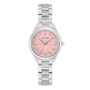 Ladies' Bulova Sutton Pink Dial and Diamond Accent Watch in Stainless Steel (Model 96P249)