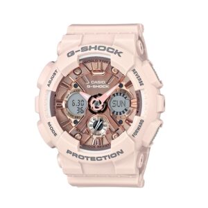 Ladies' Casio G-Shock Pink Resin Strap Watch with Rose-Tone Dial (Model: GMAS120MF-4A)