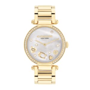 Ladies' Coach Cary Crystal Accent Motif Gold-Tone IP Watch with White Mother-of-Pearl Dial (Model: 14504265)