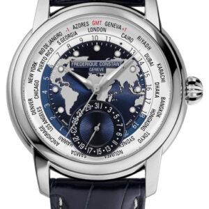 Limited Edition Frederique Constant Classics Worldtimer Manufacture GMT Automatic Stainless Steel Blue Dial Blue Leather Strap Date Mens Watch FC-718NWWM4H6