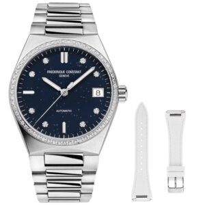 Limited Edition Frederique Constant Highlife Sparkling Automatic Stainless Steel Blue Dial Diamonds Interchangeable White Rubber Strap Date Womens Watch FC-303NSD2NHD6B