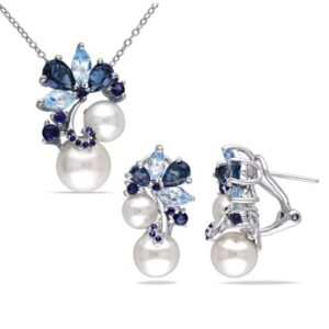 London and Sky Blue Topaz, Sapphire and Freshwater Cultured Pearl Cluster Earrings and Necklace Set