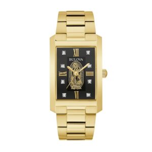 Men’s Bulova Classic Diamond Accent Our Lady of Guadalupe Gold-Tone Watch with Rectangular Black Dial (Model: 97D137)