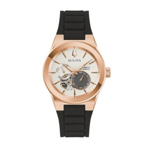 Men’s Bulova Latin GRAMMY® Automatic Rose-Tone IP Black Silicone Strap Watch with Textured White Dial (Model: 97A186)