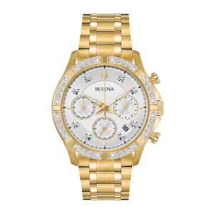 Men's Bulova Classic 1/8 CT. T.W. Diamond Gold-Tone IP Chronograph Watch with Silver Dial (Model: 98E113)