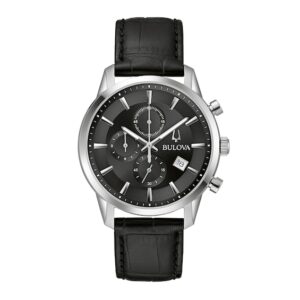 Men's Bulova Classic Sutton Black Strap Chronograph Watch with Black Dial (Model: 96B403)