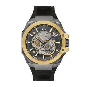 Men's Bulova Maquina Marc Anthony Gold-Tone IP Chronograph Silicone Strap Watch with Grey Skeleton Dial (Model: 98A310)