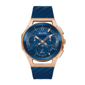 Men's Bulova Marc Anthony CURV Chronograph Rose-Tone IP Blue Silicone Strap Watch with Blue Dial (Model: 97A185)