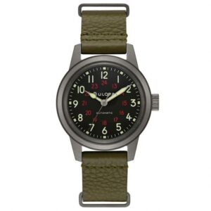 Men's Bulova Military Hack Automatic Green Leather NATO Strap Watch | 38mm | 98A255