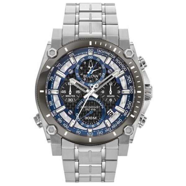 Men's Bulova Precisionist Chronograph Black Carbon Fiber Dial Bracelet Watch | 46mm | 98B316