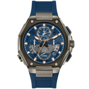 Men's Bulova Precisionist Chronograph Blue Rubber Strap Watch | 45mm | 98B357