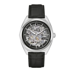 Men's Bulova Surveyor Automatic Black Leather Strap Watch with Black Skeleton Dial (Model: 96A310)