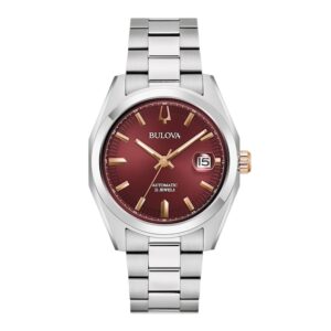 Men's Bulova Surveyor Burgundy Dial Watch in Stainless Steel (Model 98B422)
