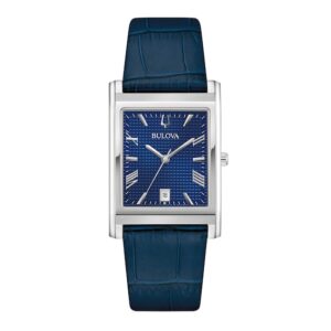 Men's Bulova Sutton Blue Leather Strap Watch with Rectangular Blue Dial (Model: 96B442)