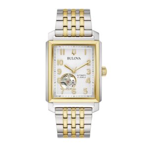 Men's Bulova Sutton Two-Tone Watch with Rectangular White Dial and Skeleton Heart (Model: 98A308)