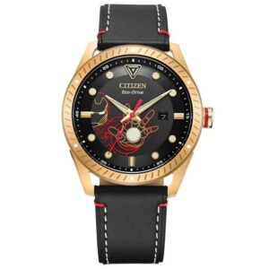 Men's Citizen Eco-Drive Marvel Tony Stark Iron Man Black Leather Strap Watch | 43mm | BM6992-09W