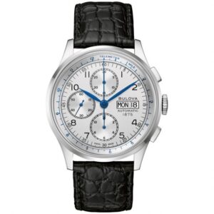 Men's Joseph Bulova Silver-White Chronograph Dial and Black Leather Strap Watch | 42mm | 96C145