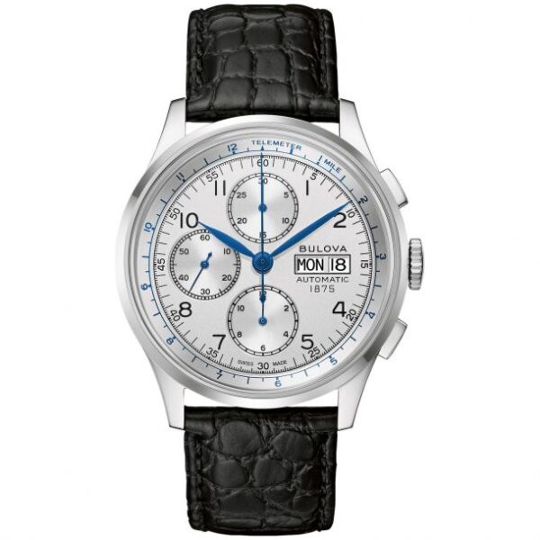 Men's Joseph Bulova Silver-White Chronograph Dial and Black Leather Strap Watch | 42mm | 96C145
