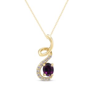 Oval-Cut Rhodolite Garnet & Diamond Ribbon Necklace 1/20 ct tw 10K Yellow Gold 18"