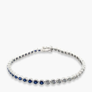Private Label Blue Sapphire and Diamond Round Bezel Set Tennis Bracelet in 18K White Gold