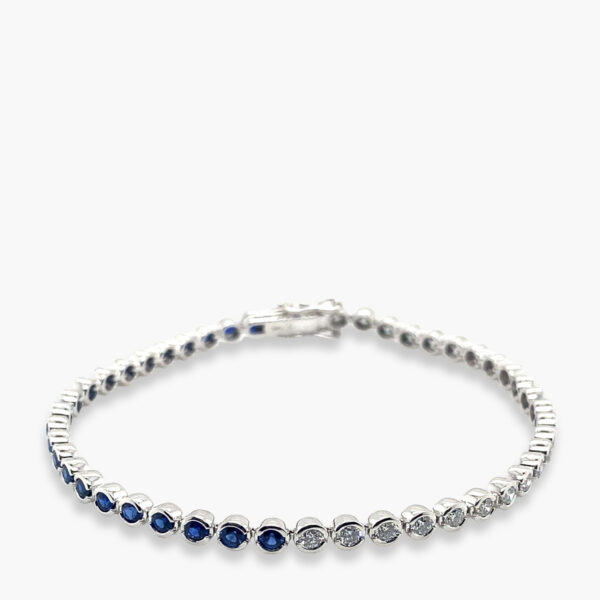 Private Label Blue Sapphire and Diamond Round Bezel Set Tennis Bracelet in 18K White Gold