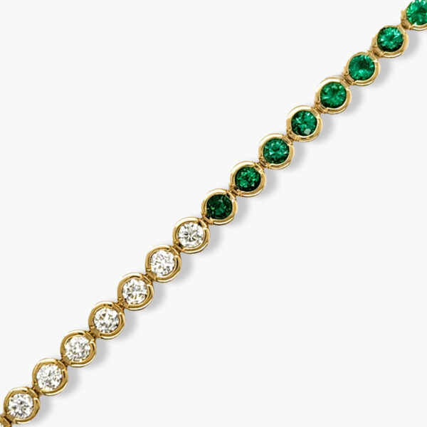 Private Label Emerald and Diamond Round Bezel Set Tennis Bracelet in 18K Yellow Gold