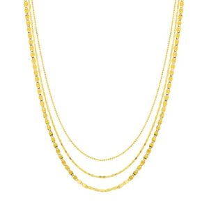 Yellow Gold Solid Triple-Strand Layered Beaded and Valentino Chain Necklace
